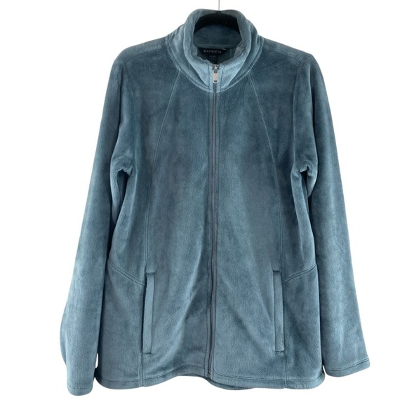 Athleta Recover Stretch Fleece Full Zip Jacket Sage/Gray Pockets Mock Neck Sz LT - Picture 1 of 9